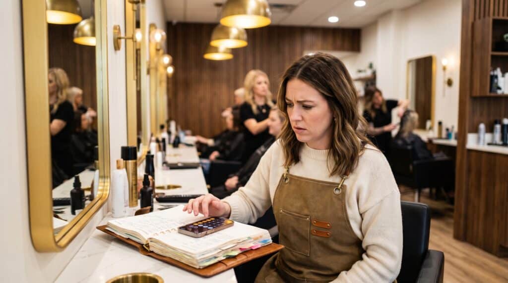 Fully booked but broke - stylist at a packed salon looking stressed while reviewing bills