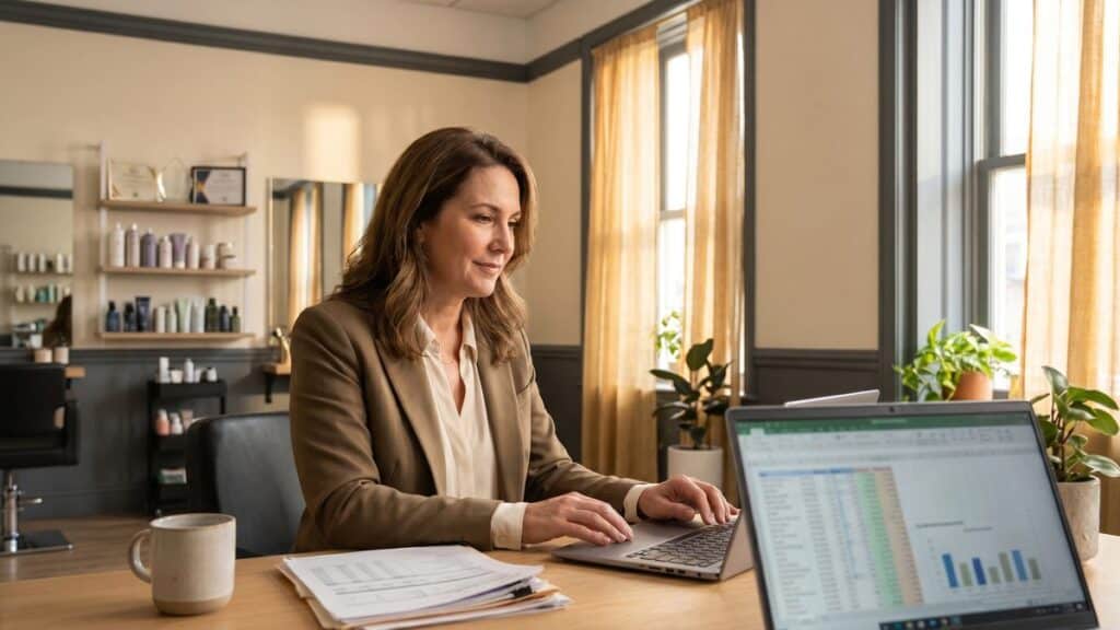 Salon owner reviewing financial documents at a clean desk with warm golden lighting