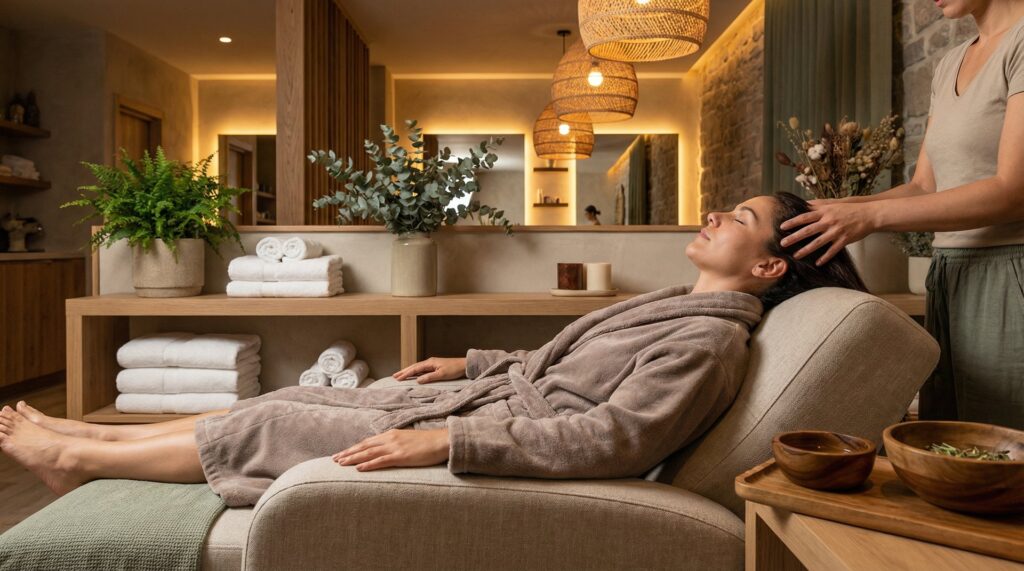 Head spa treatment being performed on a client in a modern salon setting