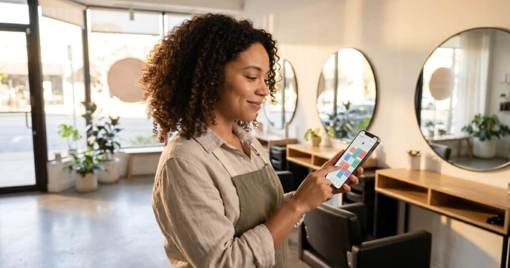 Hair stylist looking at appointment book with empty slots then checking a fully booked phone schedule in a bright modern salon