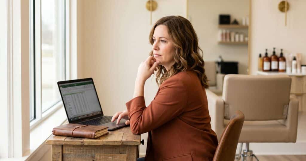 Salon owner sitting at desk inside modern salon suite with laptop and notebook, contemplating business coaching options