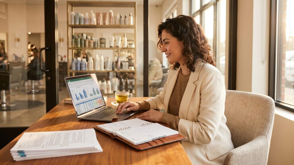 Confident female hairstylist reviewing financial documents on laptop at salon desk