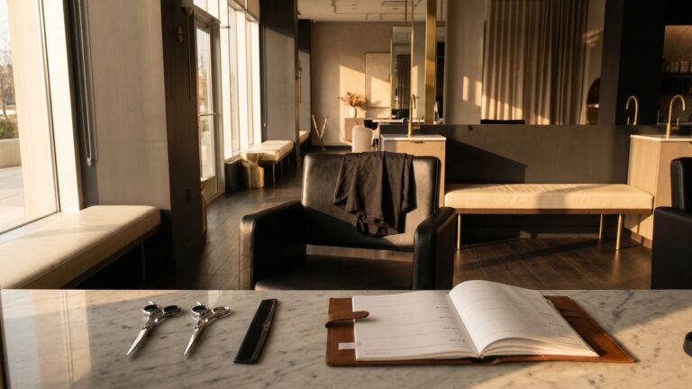 Empty salon chair station with appointment book showing open time slots