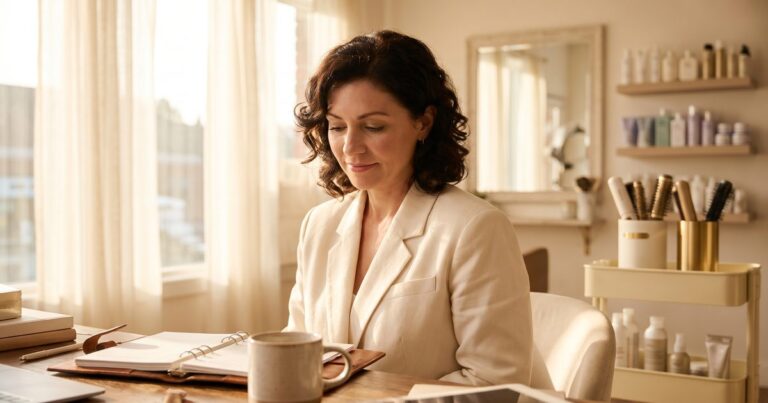 Salon owner reviewing a weekly schedule and planner in a bright modern salon suite