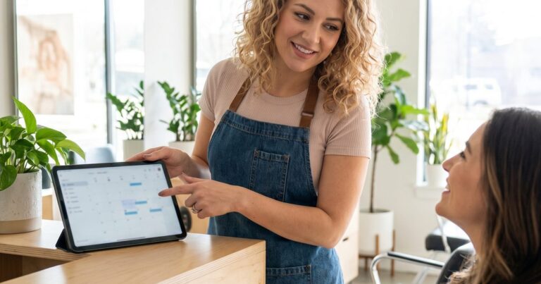 Salon stylist showing client rebooking calendar at front desk