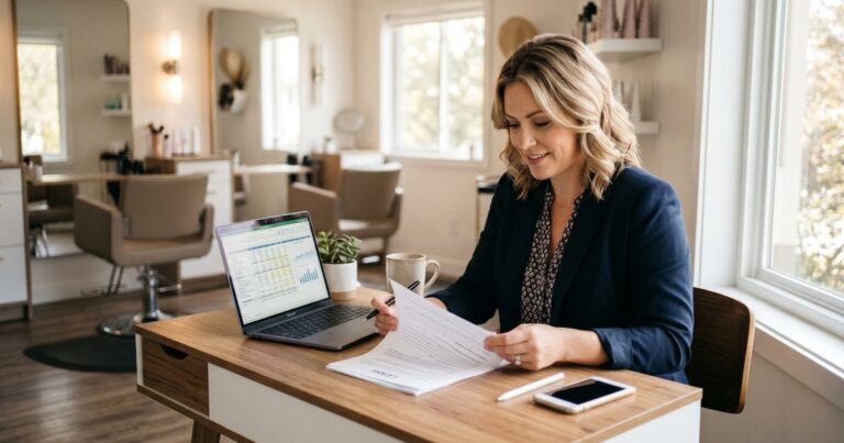 Salon owner reviewing lease document at desk inside bright salon suite with laptop showing financial spreadsheet