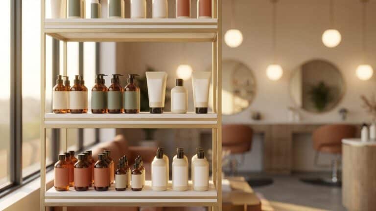 Salon retail display shelf with professional hair products backlit by warm natural light