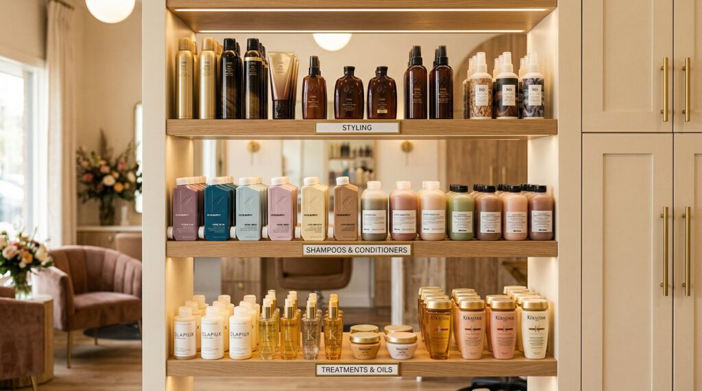 Salon retail product display with professional hair care products and sales strategy signage