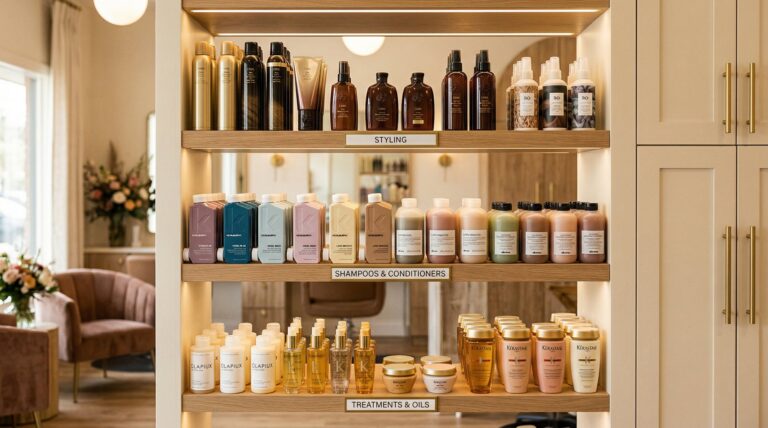 Salon retail product display with professional hair care products and sales strategy signage