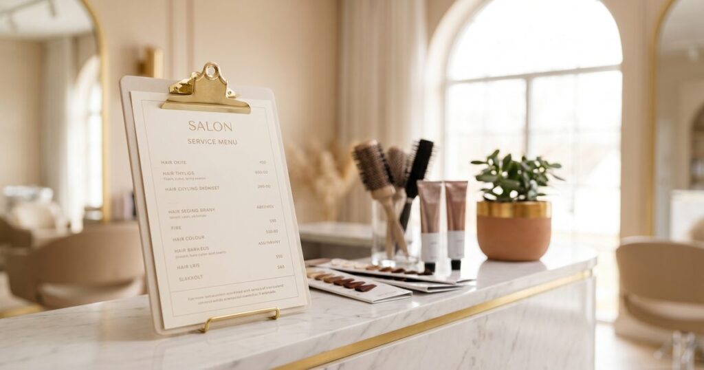 Professional salon service menu on a clipboard inside a modern well-lit salon