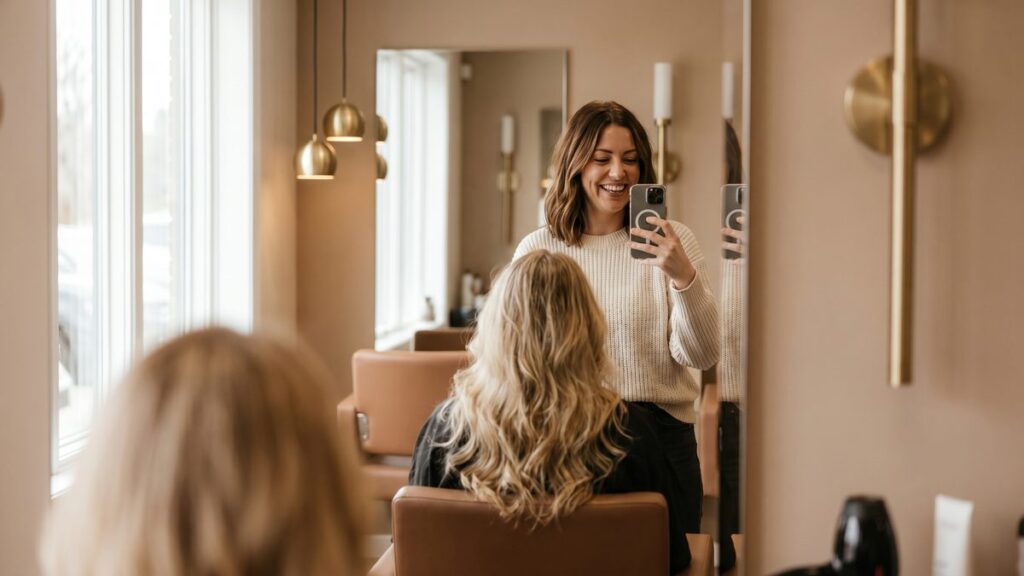 Salon owner smiling at phone while taking content photo of client blowout in modern salon