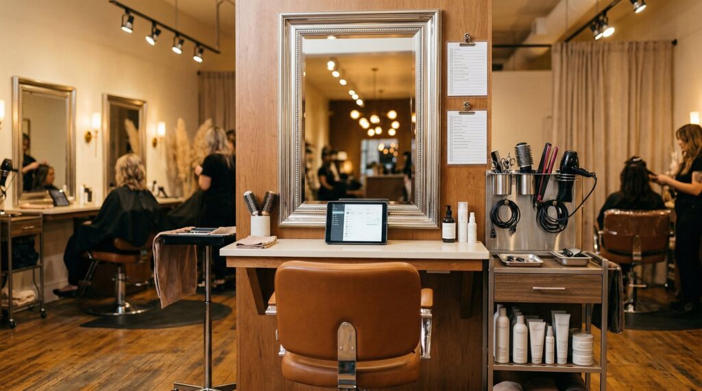 Salon standard operating procedures manual open on a styling station with training checklist