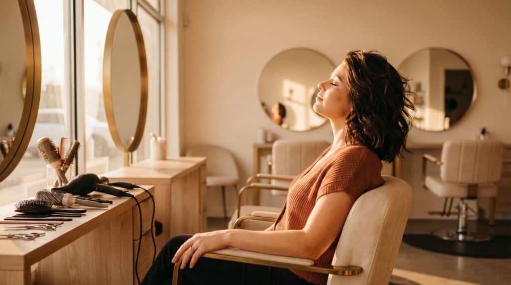stressed stylist experiencing burnout behind the chair in a salon