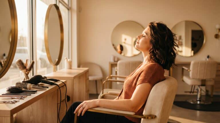 stressed stylist experiencing burnout behind the chair in a salon