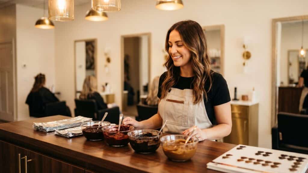 Hairstylist at salon color bar mixing professional hair color for color correction service pricing