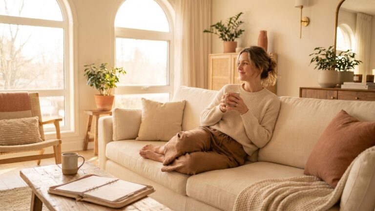 Salon owner enjoying a weekday off at home with coffee and a weekly planner showing a four-day work schedule