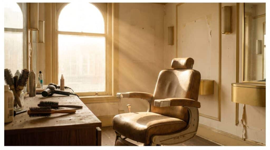 Empty hair salon chair in closed salon with natural light streaming through window