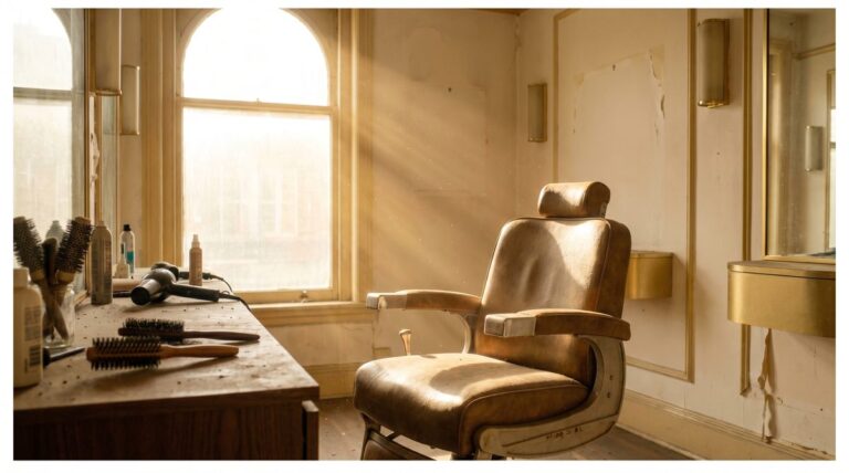 Empty hair salon chair in closed salon with natural light streaming through window