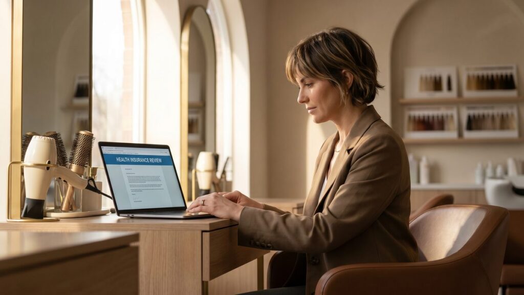 Self-employed hairstylist reviewing health insurance options on her laptop at her salon station