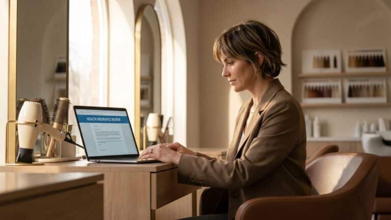 Self-employed hairstylist reviewing health insurance options on her laptop at her salon station