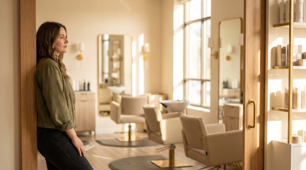 Female hairstylist examining a clean modern salon suite with warm natural light