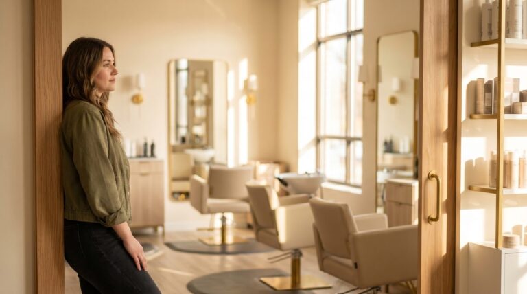 Female hairstylist examining a clean modern salon suite with warm natural light
