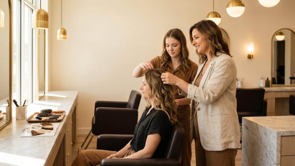 Salon owner mentoring apprentice stylist at styling station - salon apprenticeship program