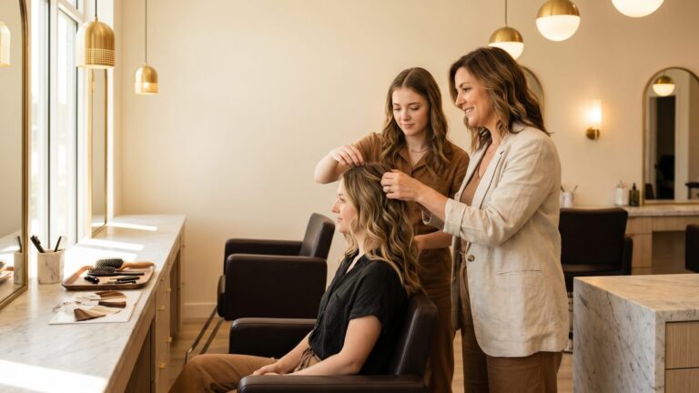 Salon owner mentoring apprentice stylist at styling station - salon apprenticeship program