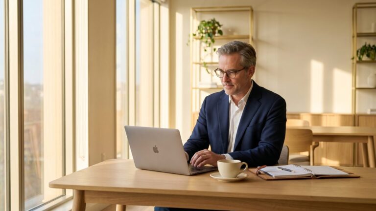 Salon owner at desk with laptop creating a one page salon business plan template