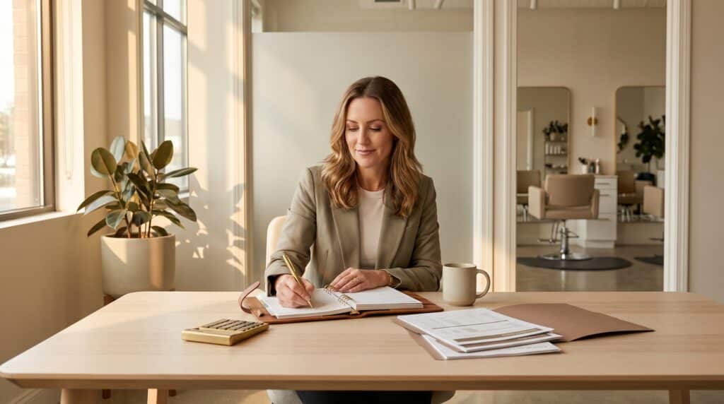 Salon owner writing a business plan at desk with calculator and financial documents