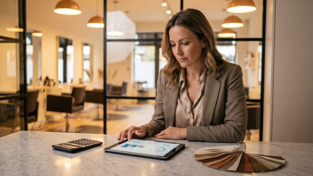 Salon stylist reviewing her commission pay stub with a calculator on the counter