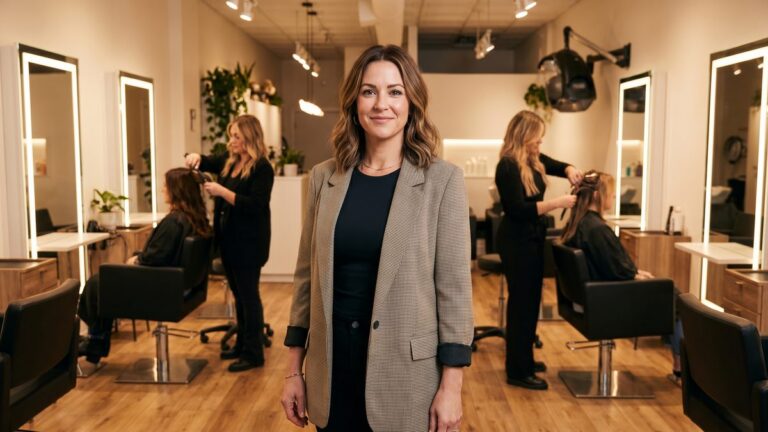 Salon owner standing confidently in front of her team at their stations in a modern salon