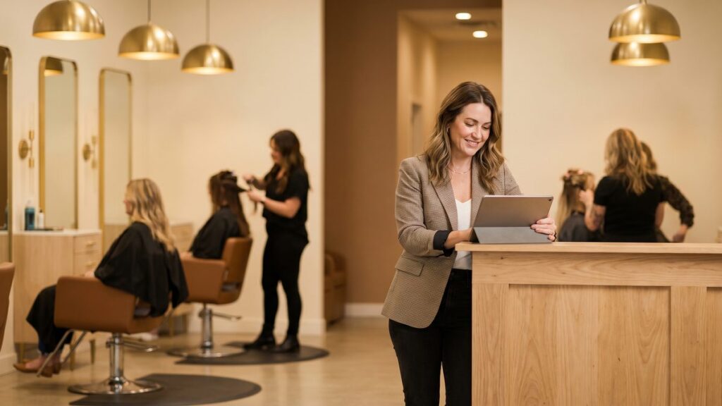 Salon owner reviewing new client appointment requests at her front desk