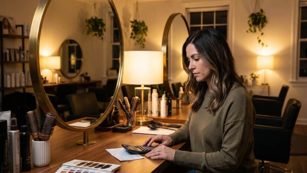 Hairstylist calculating her true hourly rate at salon station after hours