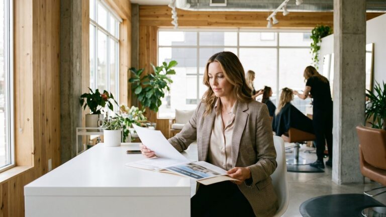 Professional woman reviewing financial documents in a modern salon