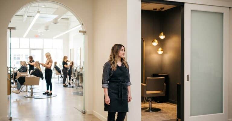 Female hairstylist at crossroads between commission salon floor and private salon suite