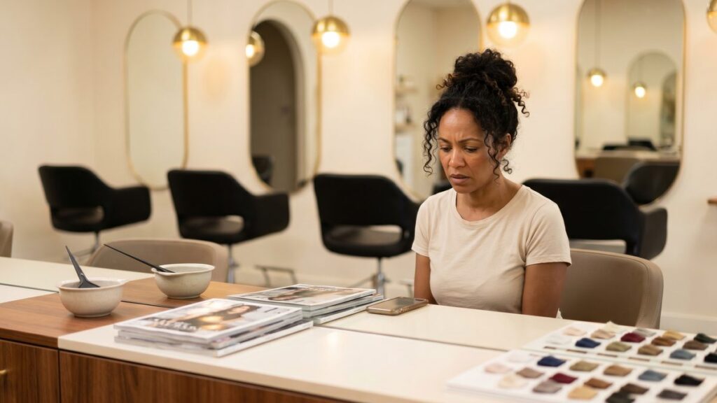 Salon owner checking five-star Google reviews in an empty salon with no new clients