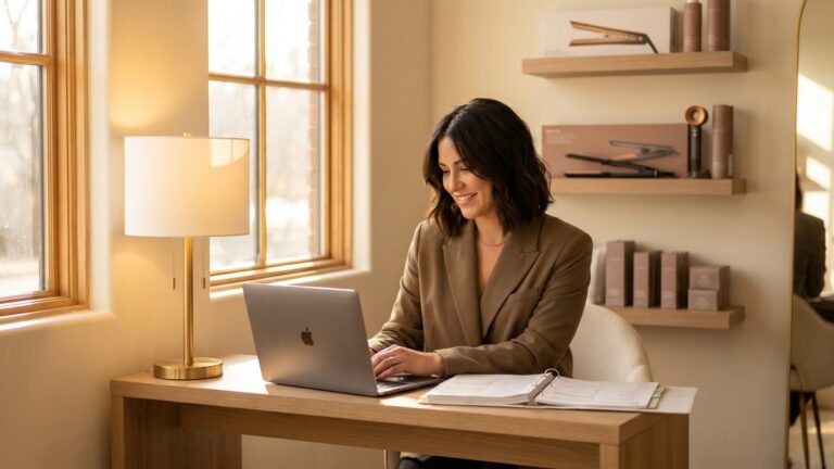 Independent hairstylist reviewing LLC paperwork at a modern salon desk with warm golden lighting