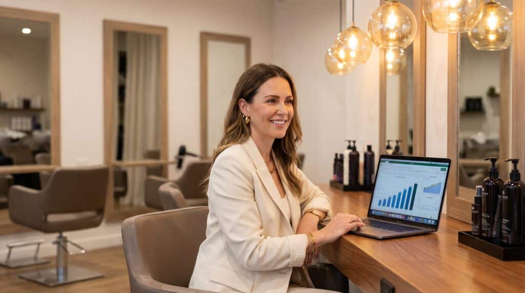 Salon owner reviewing profit numbers at her station after closing