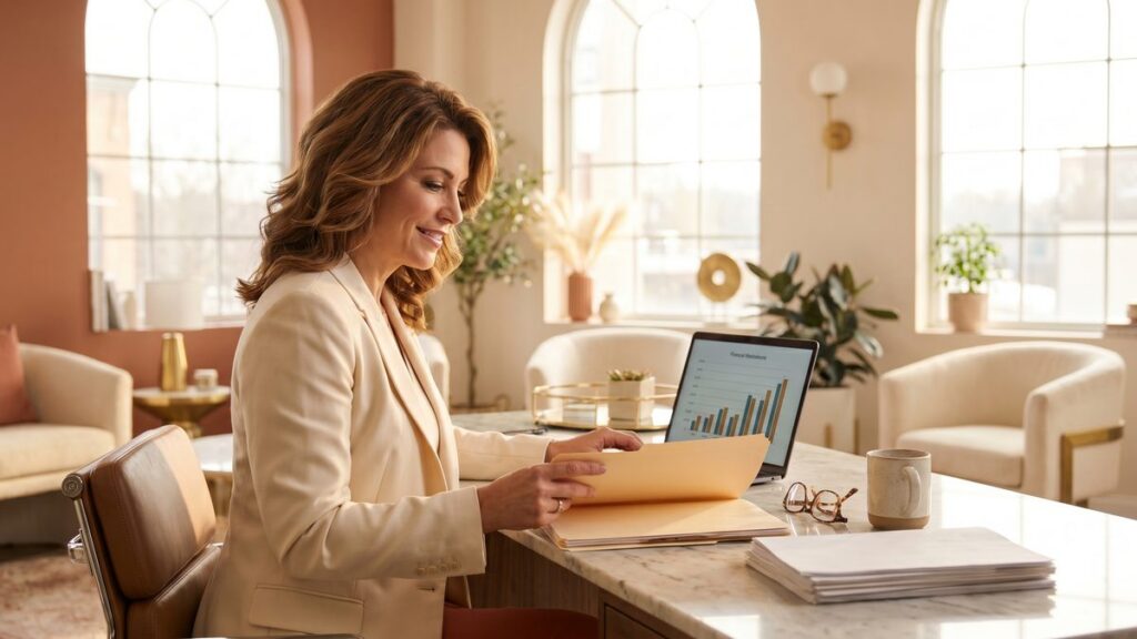 Salon owner reviewing business documents at desk preparing to sell her salon business
