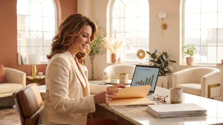Salon owner reviewing business documents at desk preparing to sell her salon business