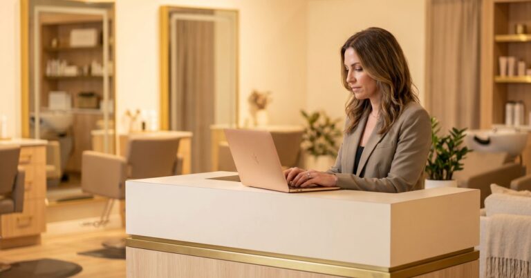 Salon owner at laptop with email dashboard open, salon break room setting