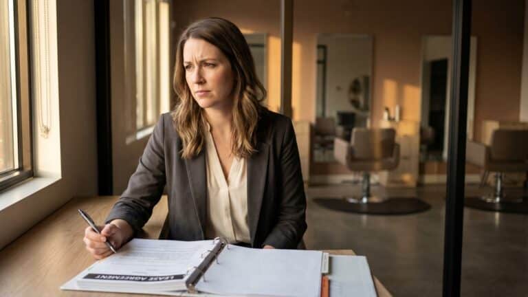 Salon owner reviewing a lease agreement at her desk before signing a salon space contract