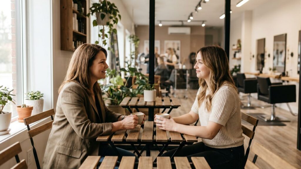 Salon owner and stylist having a one-on-one conversation in a salon break room