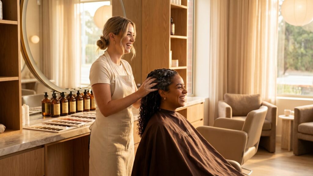 Stylist applying a conditioning add-on treatment at a modern salon station