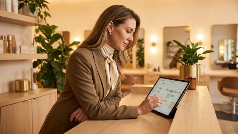 Salon owner reviewing Vagaro vs Square Appointments scheduling software on a tablet at a modern salon reception desk
