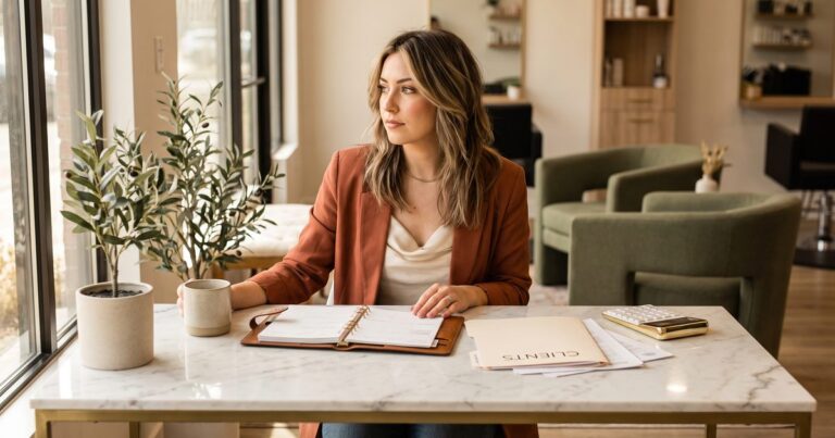 Hairstylist calculating booth rental startup costs with paperwork and a calculator at her desk