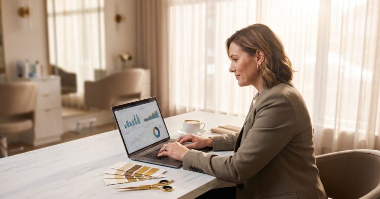 Salon owner reviewing booth rent pricing numbers on a laptop at her salon desk