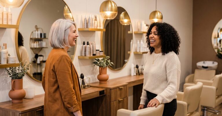 Two stylists laughing together at their stations showing the salon culture that keeps stylists from leaving
