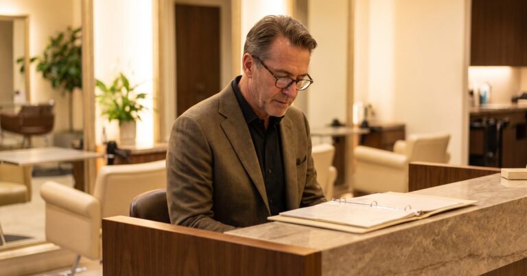 Salon owner reviewing an employee handbook policy binder at his salon reception desk